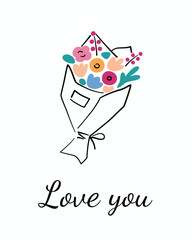 Valentines Day greeting card, flower bouquet composition, valentine with love you text, vector arrangement with roses, tulips in wrapping paper, good for poster design, happy Womens Day 