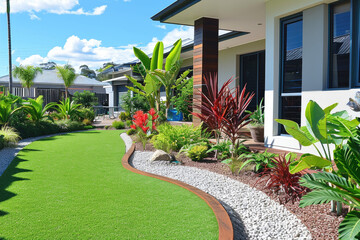 A contemporary Australian home or residential buildings front yard features artificial grass lawn turf with timber edging, and a big flowers garden - obrazy, fototapety, plakaty