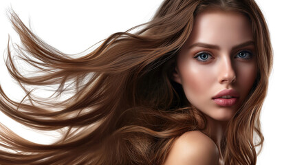 Fototapeta premium model's strong and shiny locks after hair treatment, emphasizing the transformative effects of specialized hair care against a high-quality and detailed white background