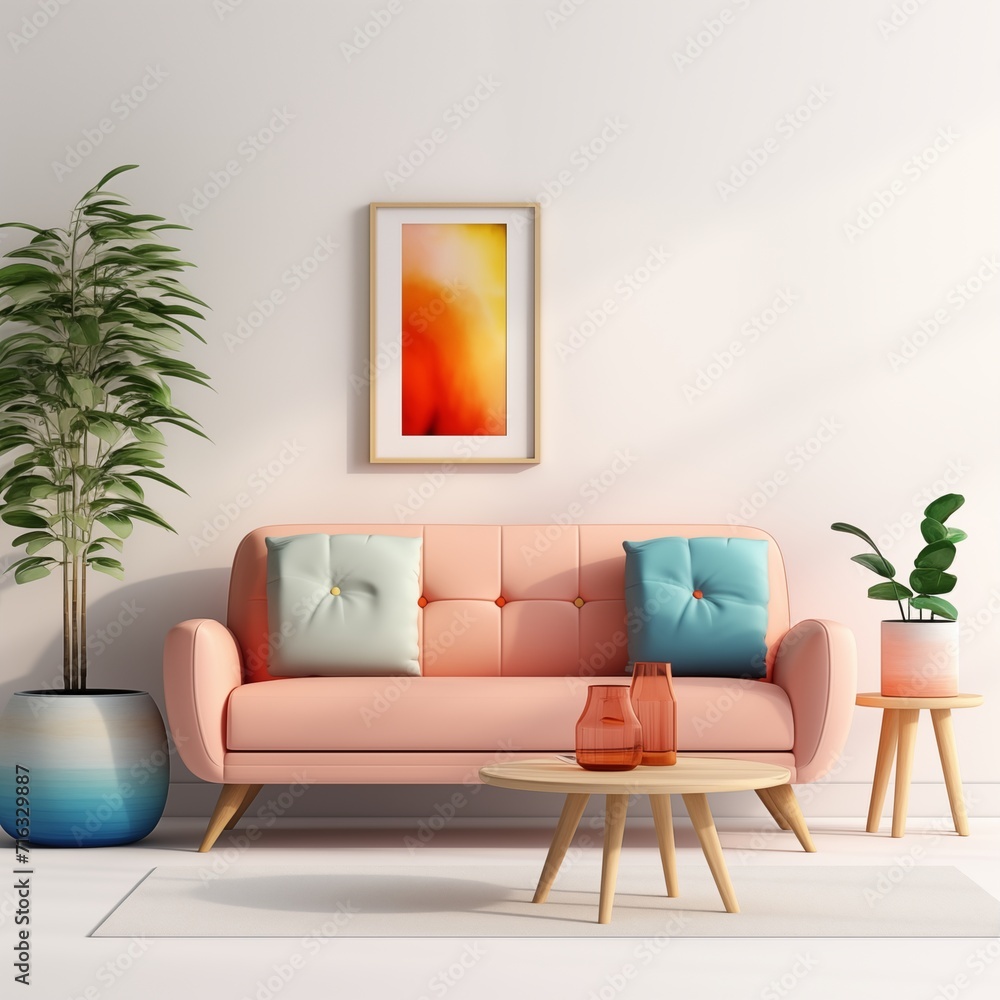 Wall mural modern living room with sofa and colorful painting