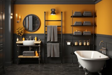 Fototapeta na wymiar Elegant hotel bathroom toilet with dark gray stone fixtures and a heated towel rack, on an isolated yellow background, Generative AI.