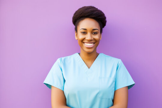 
Photograph of a South African nurse with a caring smile, ample space for text above, on a light pastel purple background