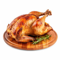 Whole chicken roasted on wood plate  on transparency background PNG