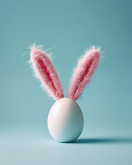 A creative easter concept with a single egg decorated with pink fluffy bunny ears against a blue background