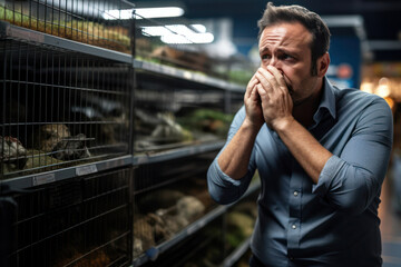 
Photograph of an Australian man in his 40s showing a clear disgust at an unpleasant smell in a pet store - obrazy, fototapety, plakaty