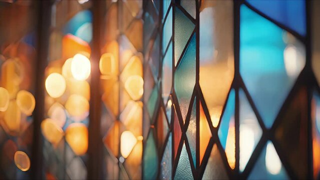 Closeup of delicate stained glass windows illuminating a minimalist interior.