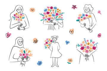 Women with flower bouquets, gifts for Valentines Day or Mothers Day hand drawn collection, doodle icons of colorful flowers in women hands, vector illustrations of beautiful happy girls