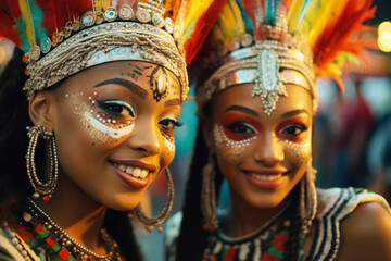 
Photograph of girls twins, 20 years old, Brazilian, in colorful carnival costumes at a festival