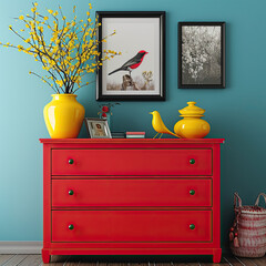 Red Wooden 4-Drawer Dresser: Alcove Photographs Display