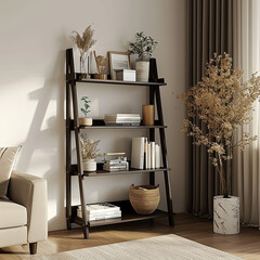 Espresso Leather 4-Tier Ladder Shelf: Library Luxury