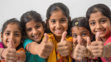 Obraz premium Group photo of Indian children, all wearing smiles and showing enthusiastic thumbs up gestures