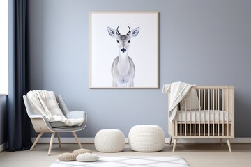 A modern nursery room with a large portrait of a deer on the wall. The room has white furniture, including a crib and a rocking chair, and blue walls.
