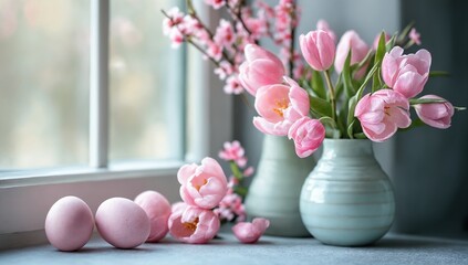 Easter eggs and tulip flowers on windowsill. Decorations for Easter celebration at home.