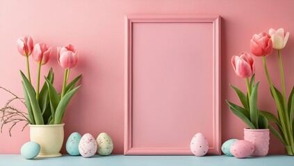 Easter holiday background with easter eggs, photo frame and tulip flowers on pink backdrop. Side view