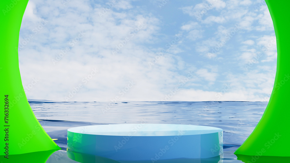 Poster vibrant summer scene background with shiny blue podium submerged in pool of water and a bright yello