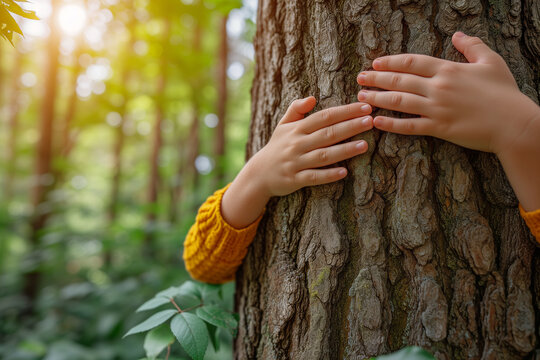 Woman hand hugs a tree in the forest.