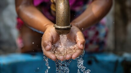 Child's hands washing themselves off from the water tap, children's right to access clean water. Save water. World Water Monitoring Day.