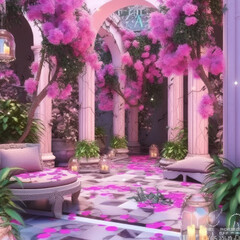 3D Rendering: Winter Garden Twinkle Lights with Stone Path