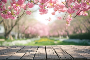 Naklejka na ściany i meble Empty wooden table in Sakura flower Park with garden bokeh background with a country outdoor theme, Template mock up for display of product