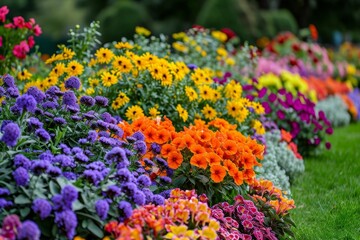 Obraz premium Multi-colored flower bed in the park. Outdoor summer gardening.
