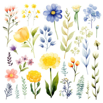 clipart bundle watercolor summer flora ,flower on summer theme, on transparent background 