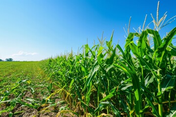 Obraz premium Corn field with clear blue sky.