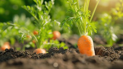 Carrot growing closeup. Close up carrots growing in field. Fresh vegetable plant of carrot.