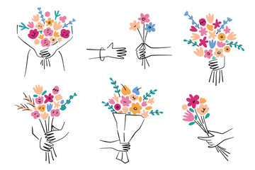 Hands with flower bouquets, flowers hand drawn collection, vector illustrations of floral arrangements in human hands, presents for birthday, Valentines Day, Mothers Day, gift for Womens Day