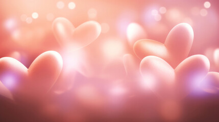 Fototapeta premium Multiple soft pink hearts float in a warm, glowing dreamy ambiance, symbolizing love.