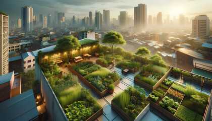 Fototapeta na wymiar Serene Rooftop Garden Oasis in City Landscape