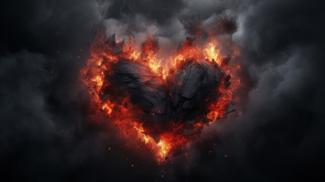 A conceptual image of a heart-shaped formation of coal burning amidst smoke and ash, portraying passion or heartbreak.