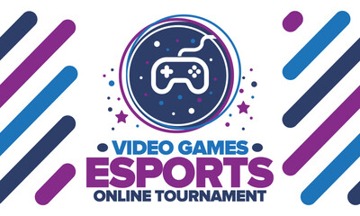 Esports Online Tournament. Video Games streaming. Cyber sport and gaming concept. Play in arcade, video or computer game. Gamepad, controller or joystick. Leisure, entertainment and fun. Vector