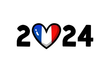 The flag of France is in the heart. The year 2024 with the French flag instead of the number 0.