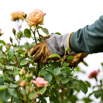 Person Wearing Gloves Trimming Rose Bush With Gardening Gloves