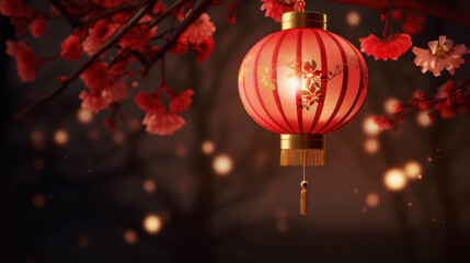 A traditional red lantern hanging among pink blossoms against a moody, bokeh-lit background.
