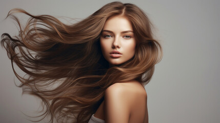 Portrait of a woman with long, flowing hair, suggesting health and beauty in a studio setting.