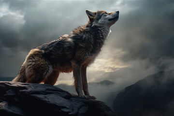 Fototapeta premium Cinematography_a_wolf_standing_on_the_edge_of_a_cliff_ho