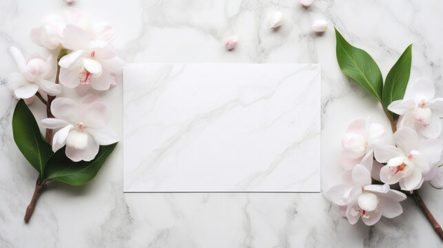 A minimalist mockup featuring white orchids and a blank card on a marble background for a clean, elegant presentation.