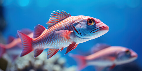 A striking red fish with intricate patterns swimming in the crystal-clear blue ocean.