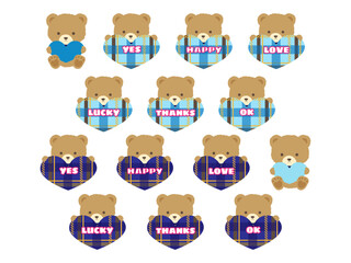 青と水色のかわいいくまのぬいぐるみとハートの文字色々
