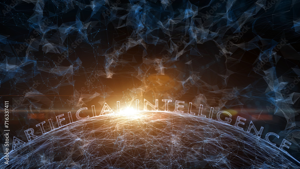 Poster conceptual artificial intelligence cyberspace sphere with lens flare of light.