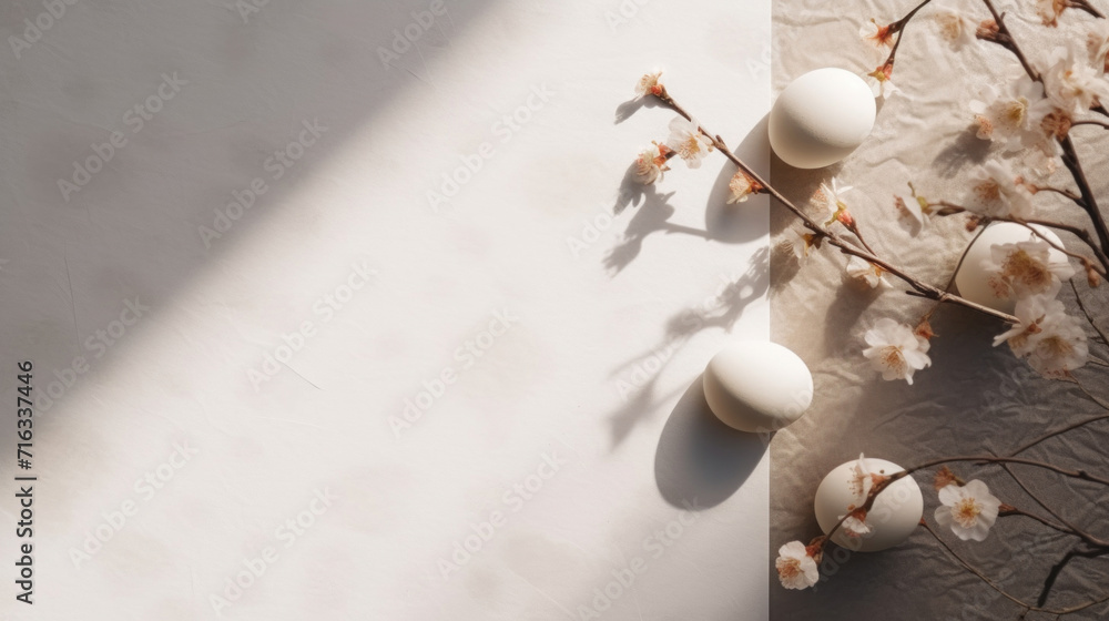 Poster a minimalist easter setup with eggs and cherry blossoms casting soft shadows on a neutral background