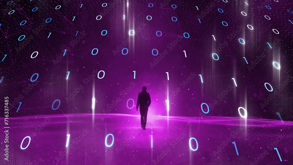 Aufkleber male person walks in colorful 3d digital artificial intelligence cyberspace network with binary numb