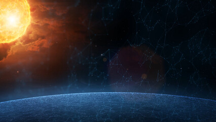 Artistic cosmos with big sun and stars illustration copy space background. View from space. 