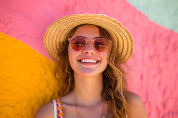 Joyful young woman in sunglasses and straw hat smiling against a vibrant multicolored background.