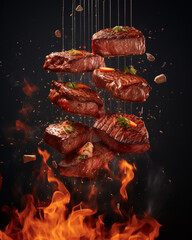 delicious pieces of meat, floating in the air created with Generative Ai
