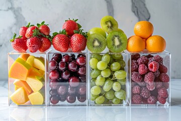Assorted fresh fruits in plastic containers, including strawberries, grapes, blueberries, raspberries, and citrus.