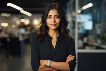 Smiling young confident woman of Indian ethnicity standing in a corporate office - obrazy, fototapety, plakaty