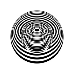 Abstract black and white striped round object. Geometric pattern with visual distortion effect. Optical illusion. Op art. Isolated on white background.