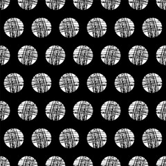 Seamless pattern with brush drawn circles. Black and white vector background for design of fabric, wallpaper, packaging, covers.